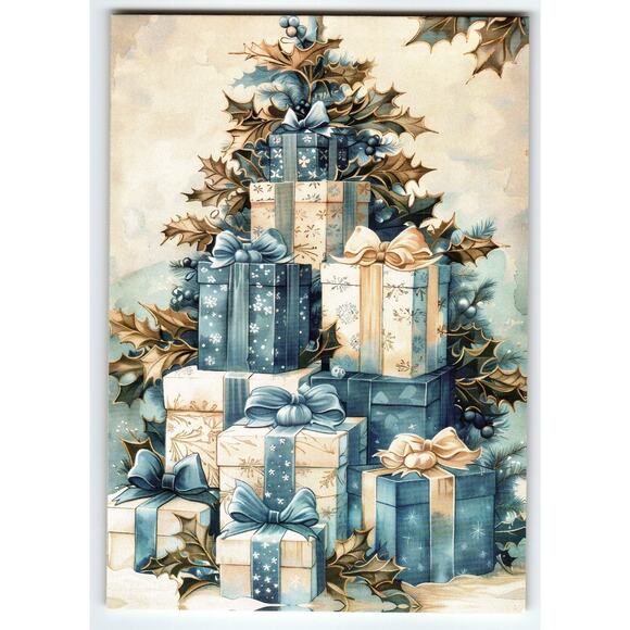 Vintage Christmas Postcard Blue & Cream Gift Boxes Holly Tree 5.5x4" - Picture 1 of 2